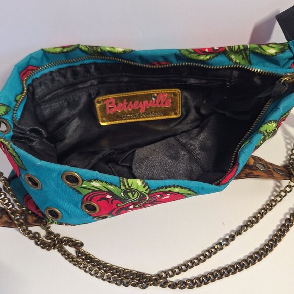 Betseyville Betsey Johnson Cherry HandBag Purse Chain & Leather Strap Turquoise - Picture 2 of 9